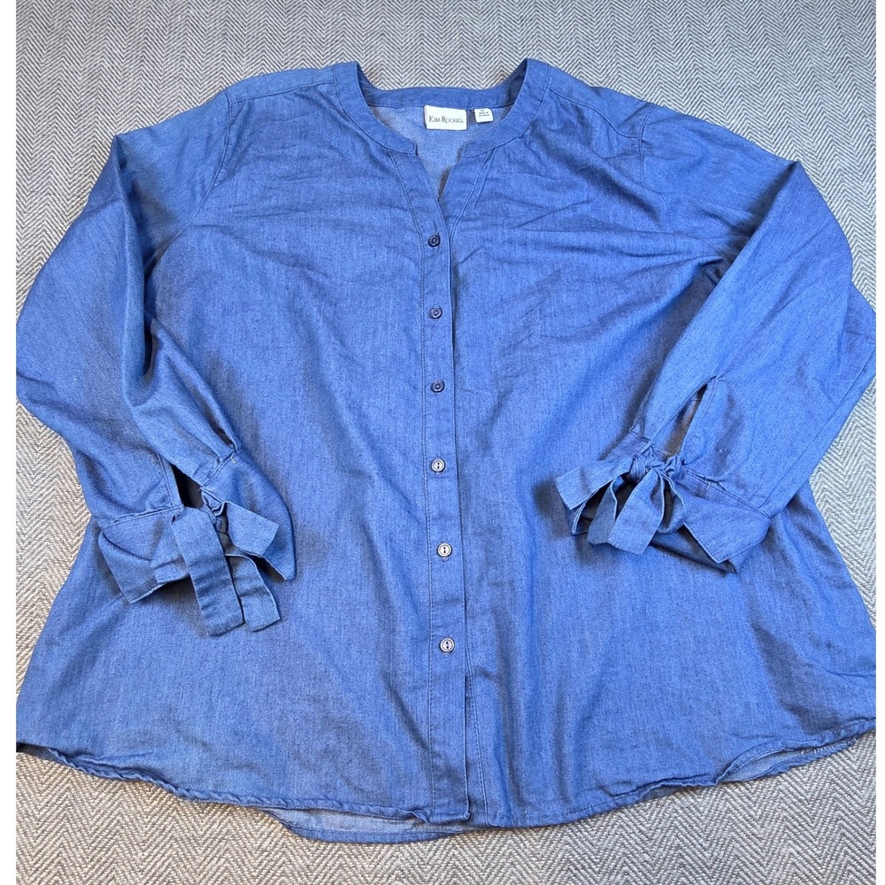 Kim Rogers Blue Cotton Chambray Button Down Top Tie Cuff XL